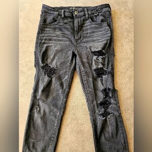 Women's 12 AE American Eagle distressed stretch jegging skinny jeans w holes blk